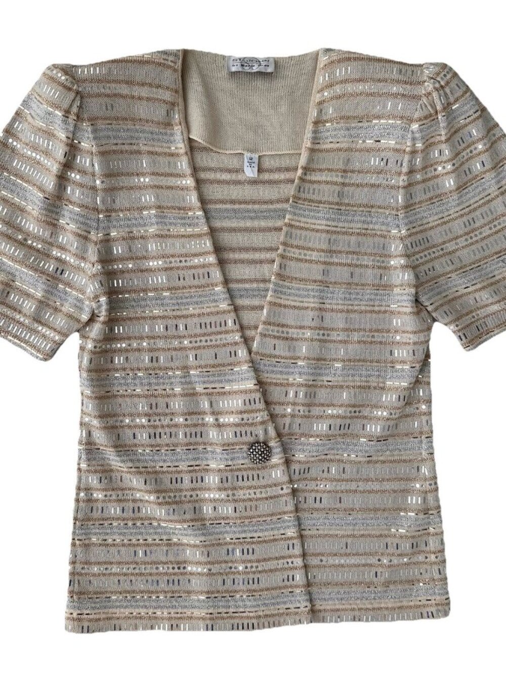 St. John Beige Gold Sequin Formal Jacket Size 12 Short Sleeve